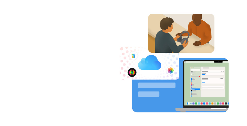 Ilustración de un especialista de Apple que sostiene en la mano los audífonos de un cliente. Debajo de la ilustración aparece dibujada la pantalla de un MacBook con la interfaz Configuración del Sistema, rodeada por los íconos de las apps Contraseñas, iCloud, Apple Fitness y Fotos.