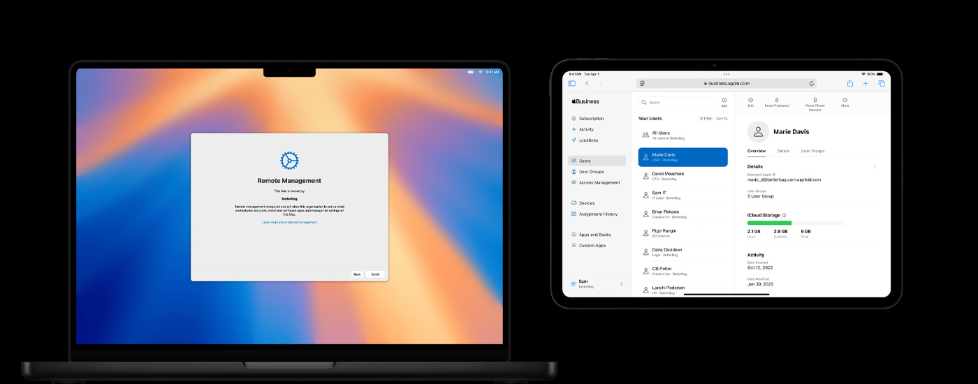 En Mac, en iPhone og en iPad som viser en skjerm om ressurshåndtering.
