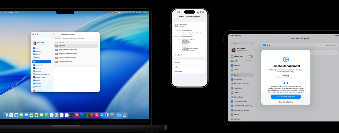 Tres dispositivos Apple: a la izquierda, un computador Mac que muestra una ventana de Administración de Dispositivos. En el centro, un iPhone muestra la configuración de un perfil MDM (Mobile Device Management). A la derecha, un iPad muestra una ventana de Administración Remota.