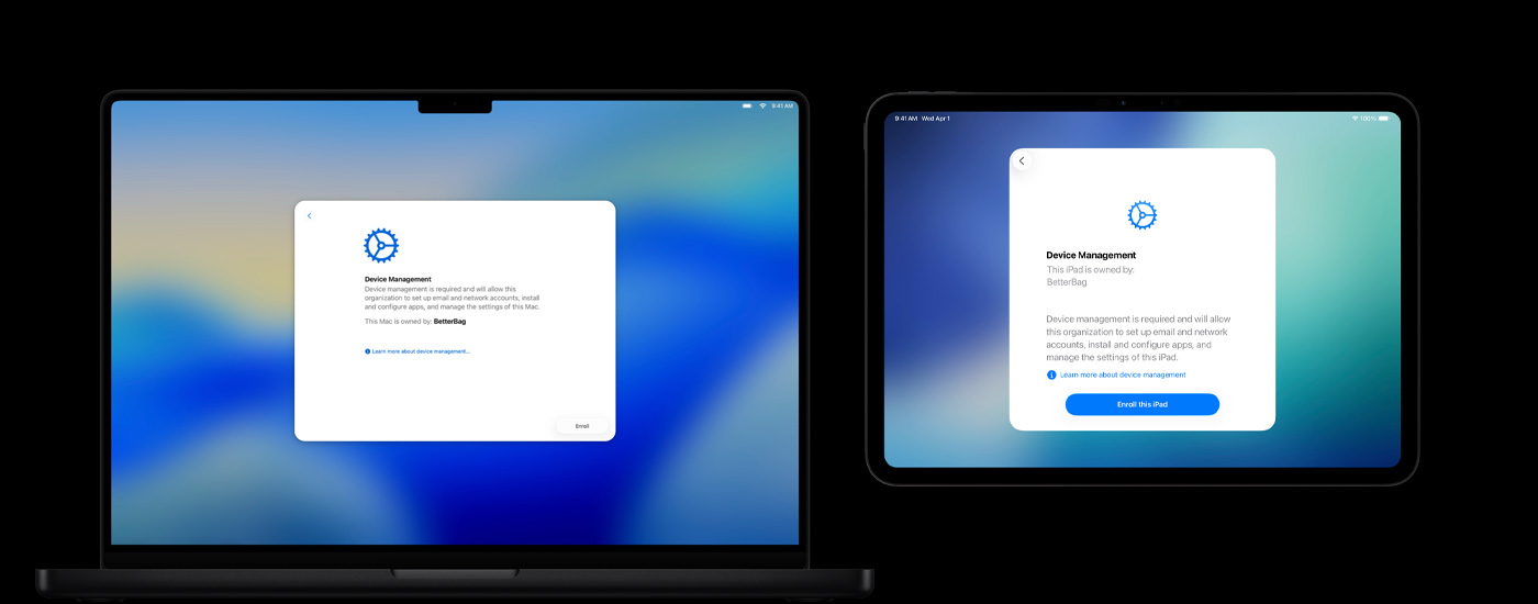 Dos dispositivos Apple dispuestos uno al lado del otro: un computador Mac que muestra una ventana de Administración Remota y un iPad que muestra una pantalla de administración remota de usuarios.