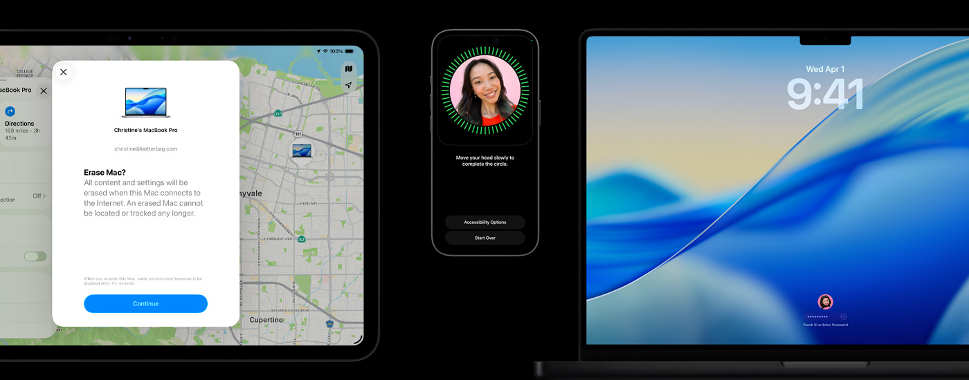 Un iPad muestra la opción Borrar Mac, un iPhone muestra la configuración de Face ID y un Mac muestra la pantalla de inicio de macOS Tahoe con contraseña o Touch ID.
