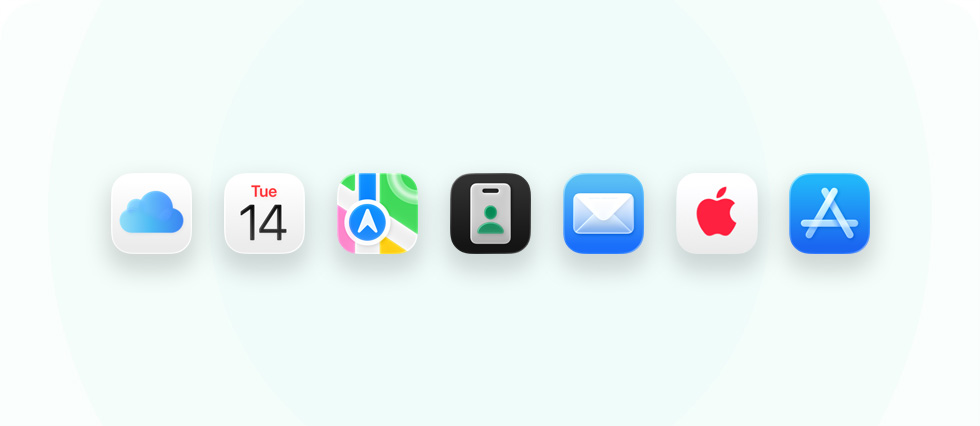 iCloud, 캘린더, 지도, Apple Business, Mail, Apple Care, App Store 등 비즈니스 관련 앱 및 도구 라인업을 보여주는 모습.