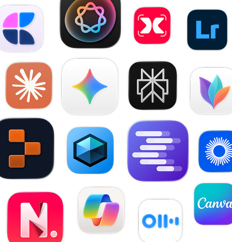 Uma variedade de ícones de apps de IA, incluindo MindNode, Adobe Lightroom, Claude e Google Gemini