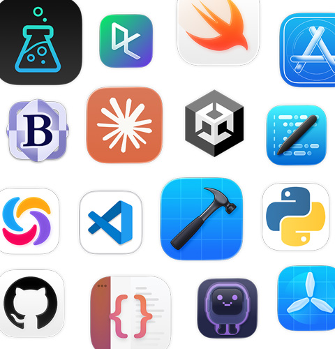 Uma variedade de ícones de apps de programação, incluindo Unity Editor, DataCamp, Swift Playground, Apple Developer e PyTorch