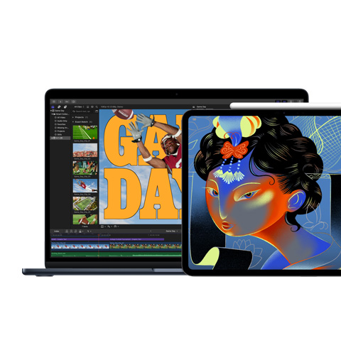 Tela do Mac exibindo o Final Cut Pro, e tela do iPad exibindo o Procreate Dreams