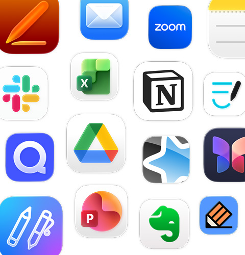 Uma variedade de ícones de apps de produtividade, incluindo Google Drive, Evernote, Slack e Quizlet