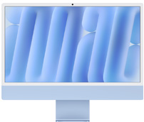 Parte da frente do iMac azul, com câmera na parte superior central e papel de parede abstrato azul na tela
