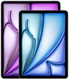 Parte da frente de dois aparelhos iPad Air em tamanhos diferentes, com o menor à frente do maior, exibindo padrões em degradê vibrantes em roxo e azul