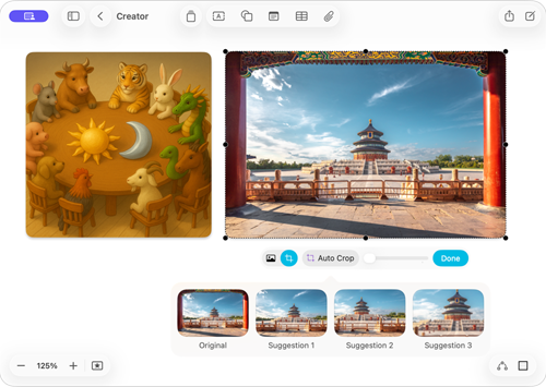 A tela mostra o app Freeform com dois recursos do Apple Creator Studio: geração de imagens e recorte automático