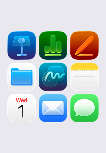 Ícones de apps da Apple, ordenados em uma grade de 3 por 3, incluindo: Keynote, Numbers, Pages, Arquivos, Notas e Calendário