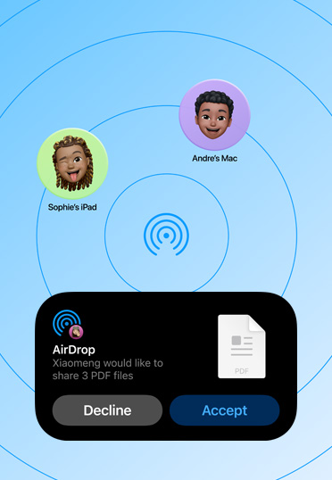 Interface do AirDrop mostrando uma solicitação para compartilhar três arquivos PDF, com opções de recusar ou aceitar