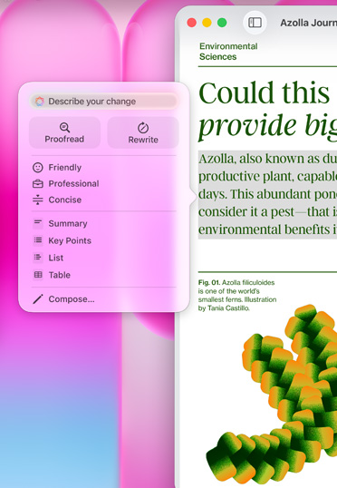 Um artigo no Pages, com um prompt da Apple Intelligence que oferece opções para resumir o texto destacado, deixá-lo mais conciso e muito mais