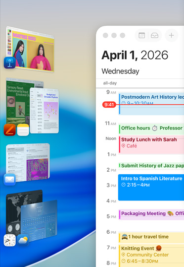 Vários apps da Apple, incluindo Keynote, Pages, Notas e Mail, exibidos em grupos em uma tela