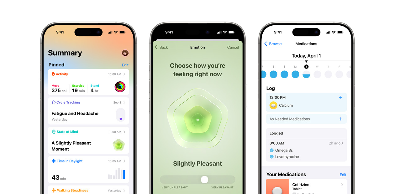 Drie iPhones met de Gezondheid-app van Apple.