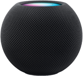 En Midnat HomePod mini under farverige pixels i bevægelse, som former ordet “mini”.