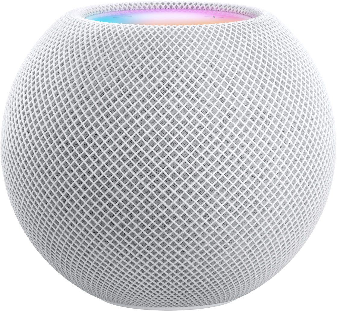En hvid HomePod mini med en farverig overside, der lige kan skimtes over kanten.