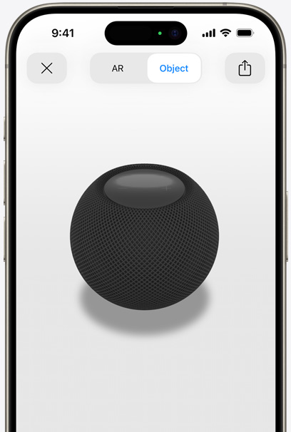 En HomePod i farven Midnat vises i AR på en iPhone-skærm.