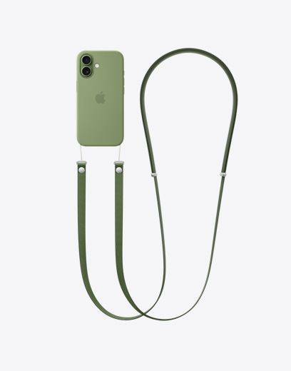 iPhone 17, tył urządzenia, ramka w kolorze szałwii z przyczepionym paskiem na ramię w kolorze neonowym żółtym
