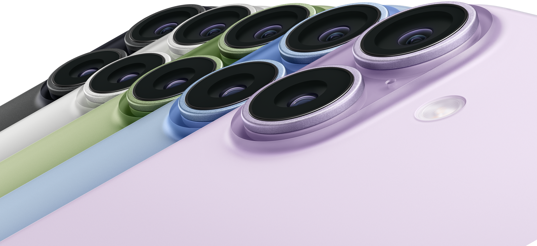 Pięć iPhone’ów 17, tył urządzeń, widoczny w lewym górnym rogu system dwóch aparatów Fusion, kolory: czarny, biały, szałwia, gołębi, lawenda