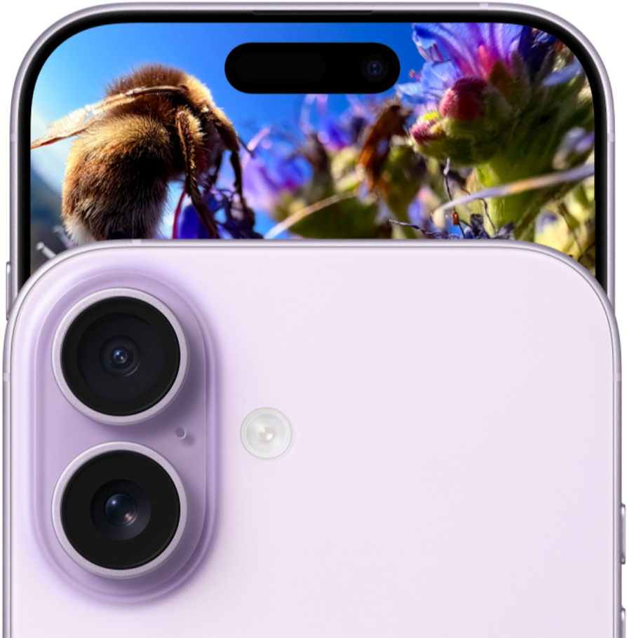 iPhone 17, przód urządzenia, system dwóch aparatów Fusion, tył urządzenia, kolor lawendowy.