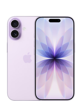 iPhone 17, w kolorze lawendy tyłem i przodem. Z tyłu wlewym górnym rogu , system dwóch aparatów Fusion i logo Apple pośrodku. Z przodu Dynamic Island pośrodku górnej części ekranu