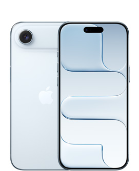 iPhone Air, w kolorze błękitnym tyłem i przodem. Z tyłu w lewym górnym rogu aparat Fusion i logo Apple pośrodku. Z przodu Dynamic Island pośrodku górnej części ekranu