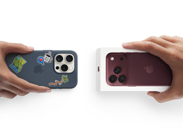 Hands exchanging trade-in. Android phone for new Burgundy iPhone 18 Pro in the box.