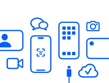 Apple devices and features, iCloud, iPhone with Face ID and charging cable, Camera, Messages