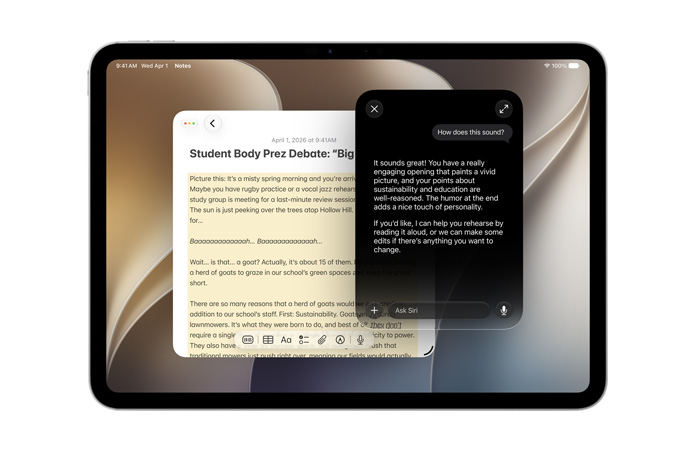 iPad Pro de 11 pulgadas, color plata, la pantalla muestra la app Notas con texto, una consulta a Siri para crear nuevo contenido