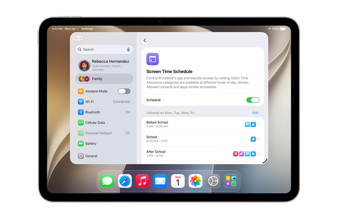 iPad Pro de 11 pulgadas, color plata, la pantalla muestra las opciones de Límites de Tiempo y Horarios en Tiempo en Pantalla en Configuración para ajustar los límites de tiempo y las categorías de contenido para menores