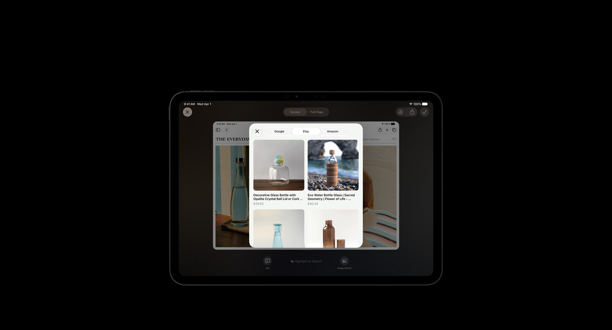 iPad Pro de 11 pulgadas, negro espacial, la pantalla muestra una imagen de productos en respuesta a una consulta en pantalla de Inteligencia Visual sobre botellas de vidrio, con botones para preguntar o buscar imágenes en la parte inferior de la pantalla