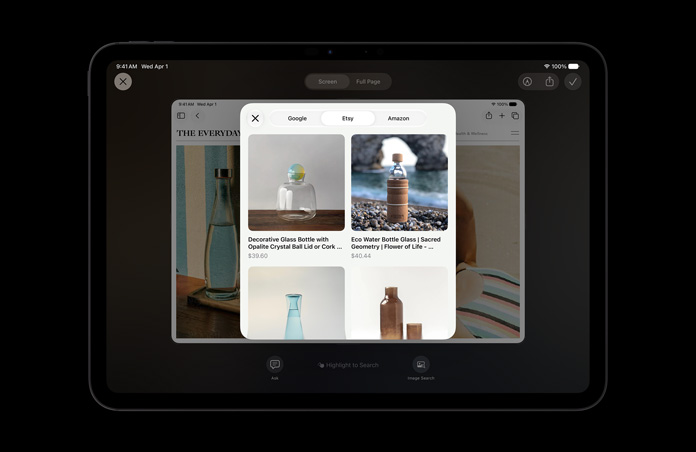 iPad Pro de 11 pulgadas, negro espacial, la pantalla muestra una imagen de varios productos en respuesta a una consulta de Inteligencia Visual sobre botellas de vidrio, con botones para preguntar o buscar imágenes en la parte inferior de la pantalla