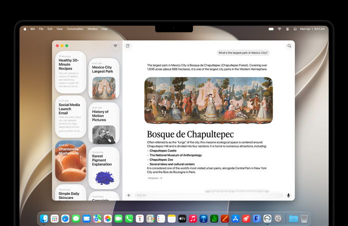太空黑色 14 吋 MacBook Pro 的螢幕顯示 Siri app 正在進行 Siri AI 對話，側邊欄則展示過往對話。