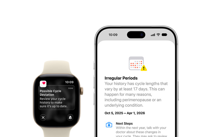 Health app Cycle Tracking update of Possible Cycle Deviation on Apple Watch Series 12, Gold Titanium, and iPhone 18 Pro