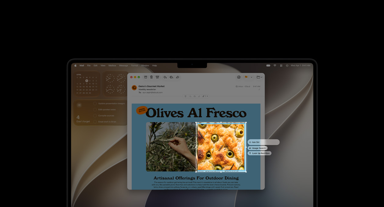 MacBook Pro 14-inch, Space Black, screen displays a Visual Intelligence demo, showing an email with images of food and herbs, a box outlines an image of olives in bread and three prompts hover over the image, including Ask Siri, Image Search and Look Up Nutrition