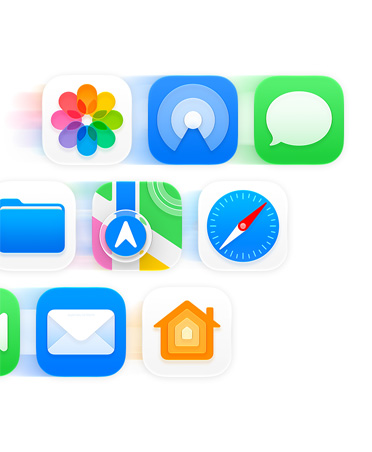 Grid of app icons including Messages, Safari and Mail