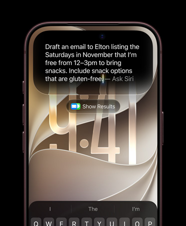 iPhone 18 Pro, Burgundy, screen displaying an Ask Siri prompt reading, draft an email to Elton listing the Saturdays in November that I'm free from 12 to 3pm to bring snacks. Include snack options that are gluten-free