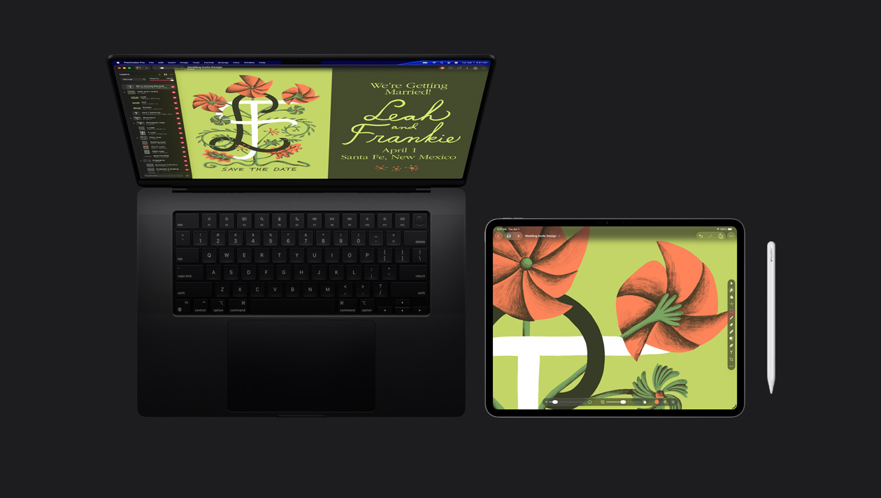 Pantalla de una MacBook Pro de 16 pulgadas que muestra la ilustración de una invitación a una boda con una flor naranja estilizada sobre un fondo verde y las letras L y F con el texto “Save the date”, un iPad Pro muestra la ilustración de una flor naranja estilizada sobre un fondo verde y barras de herramientas visibles, un Apple Pencil a la derecha del iPad Pro