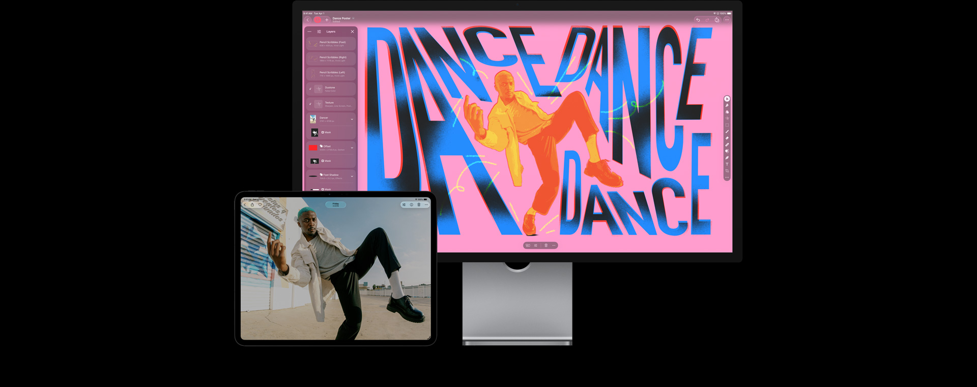 Pantalla de un iPad Pro que muestra a un hombre con cabello azul, chaqueta blanca, camiseta gris y pantalón y zapatos negros bailando al aire libre, pantalla de un monitor Studio Display para la Mac que muestra un espacio de trabajo con tipografía estilizada y colorida, imagen editada del hombre bailando superpuesta en tonos azul, amarillo y rojo