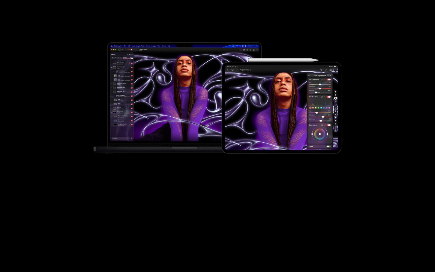 Imagen de una persona con trenzas y un jersey púrpura  sobre un fondo abstracto estilizado, transición a un MacBook Pro de 16 pulgadas y un iPad Pro de 13 pulgadas, espacio de trabajo de Pixelmator Pro y panel Capas en el lateral de ambas pantallas, edición de imágenes
