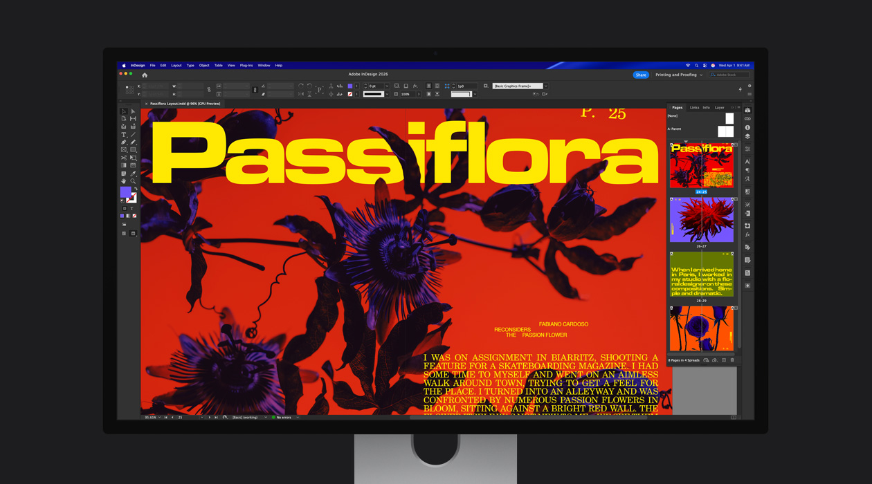 P3 + Adobe RGB 색공간을 보여주기 위한 Adobe InDesign 2026 파일 속 생생한 잡지 마주보기 페이지