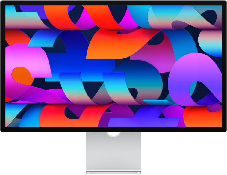 Vue avant du Studio Display avec un fond d’écran coloré évoquant un ruban