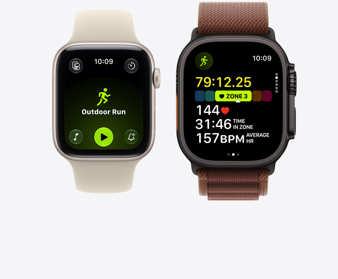 Apple Watch Series 12, aluminium case, light gold color, Outdoor Run workout open with Apple Music play controls, Apple Watch Ultra 4, titanium case, black color, Running workout open, heart rate in Zone 3