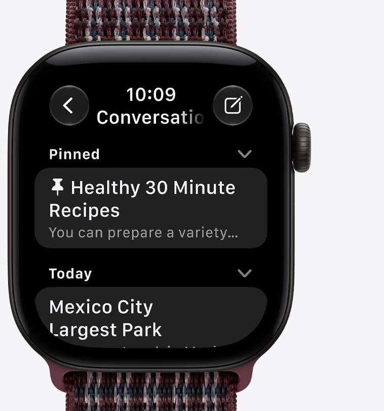 Apple Watch Series 12, aluminium case, black color, pinned conversations screen, Sport Loop band, burgundy plaid color
