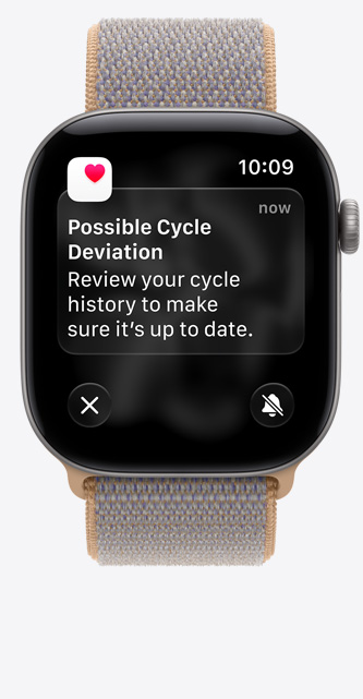 Apple Watch Series 12, screen shows Cycle Tracking in Health app, possible cycle deviation notification, aluminium case, space gray color connected to Sport Loop band, chambray blue color (light blue-gray)