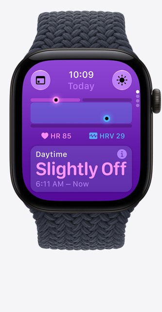 Apple Watch Series 12, aluminum case, black color, Vitals app, chart scoring health, current heart rate beats per minute, daytime reading indicates vitals slightly off, Braided Solo Loop strap, navy blue colour