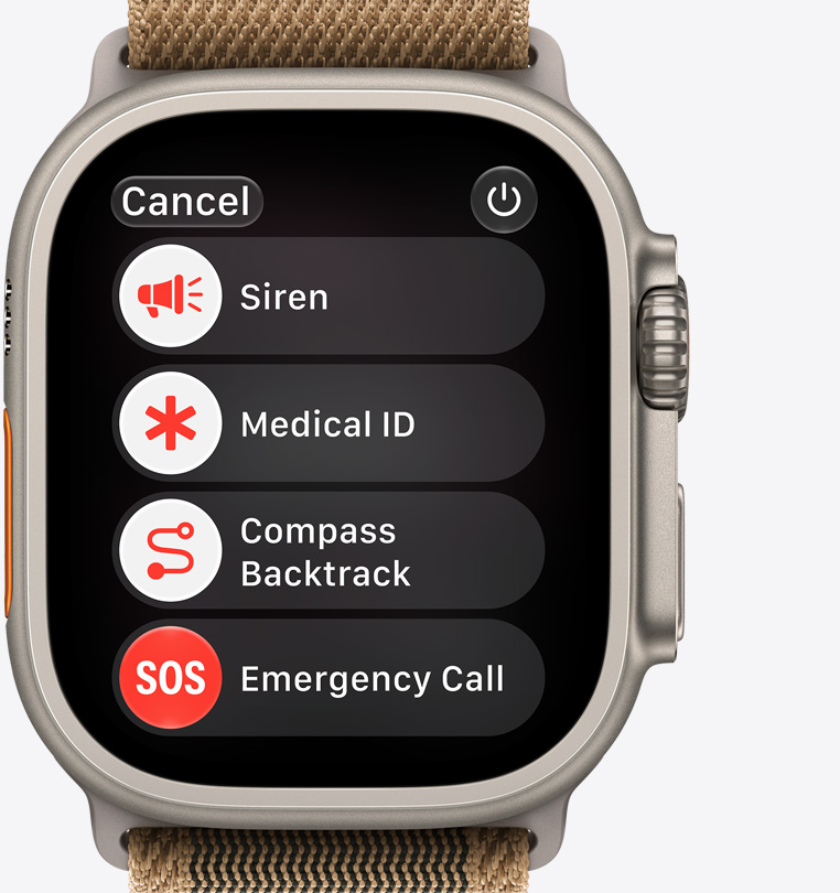 Apple Watch Ultra 4, titanium case, black color, emergency assistance options onscreen: siren, medical ID, compass backtrack, emergency call